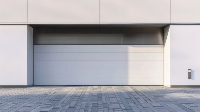 A modern garage door with a sleek design, set against a minimalist building facade. The ground is paved with gray tiles, creating a clean and contemporary look. - Powered by Adobe