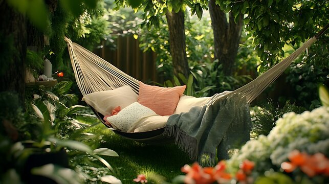 A comfortable hammock with pillows and blanket in a lush garden - Powered by Adobe