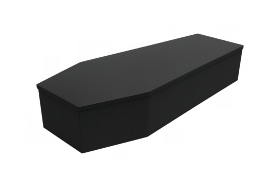 Black coffin resting in a somber scene, symbolizing death, funeral, and burial, with a transparent background - Powered by Adobe