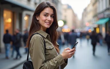 Attractive young caucasian brunette girl using smartphone in street. Model looks at camera, wears casual clothes. Leisure concept, online communication. High quality