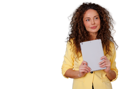 Professional woman holding tablet, looking away with curly hair, thinking about business and future technology, transparent background