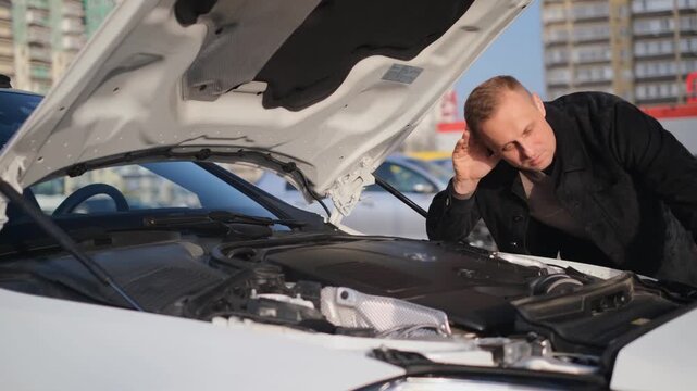 A cautious male driver listens to the engine of his car
