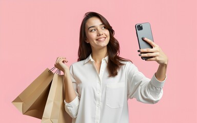 Young happy woman wear white clothes hold in hand paper package bags after shopping doing selfie shot on mobile cell phone isolated on plain pink color background. Black Friday sale buy day concept.
