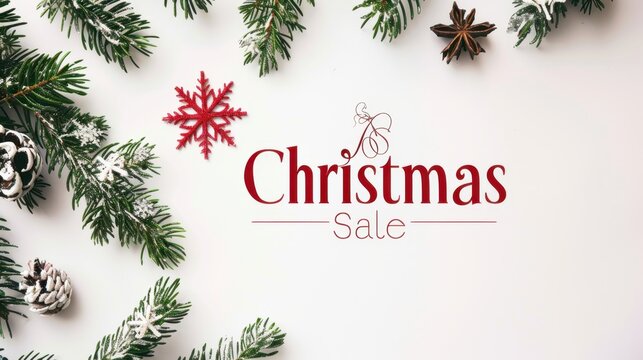Christmas sale promotion with red text on a white background. Pine branches and decorative elements surround the text, creating a festive atmosphere.