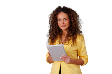 Confident businesswoman wearing a yellow jacket, holding a tablet, looking at the camera with a transparent background