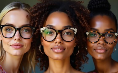 Three diverse women, each wearing stylish and unique frames, stare directly at the camera. High quality