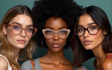 Three diverse women, each wearing stylish and unique frames, stare directly at the camera. High quality