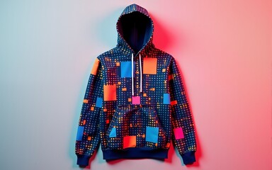 A trendy, fashionforward pixel print hoodie in vibrant colors, featuring a unique digitalinspired design. Generative AI. High quality