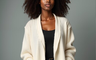 white wool cardigan print sweater, african american woman for online clothing store. High quality