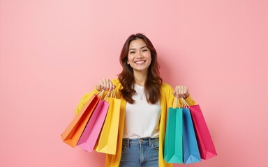 Spring shopping concept: happy smiling fashionable woman wearing trendy clothes posing with colorful paper bags. Pink background. Copy, empty space for text. High quality
