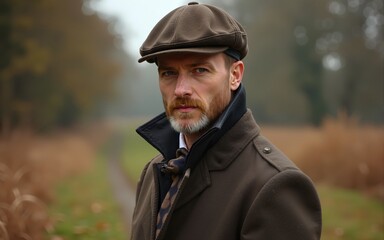 Menswear autumn winter clothing and tweed accessory collection in the English countryside, man fashion style, classic gentleman look. High quality