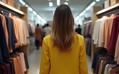 Woman in a clothes store from behind in yellow blouse not knowing what to buy at Black Friday. High quality