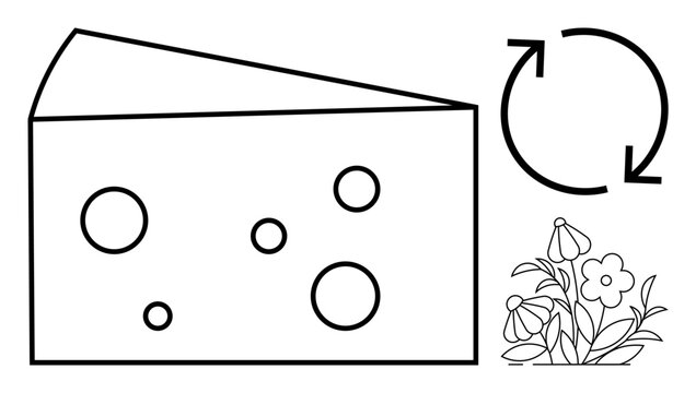 Cheese wedge with holes, recycling arrows, and blooming flowers. Ideal for sustainability, eco-friendliness, organic farming, circular economy, food waste composting biodiversity. Simple flat