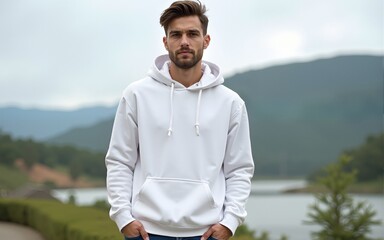 Modern mockup of a blank white hoodie worn by a handsome young man against a scenic background, perfect for showcasing apparel designs and e-commerce concepts. Photo. High quality