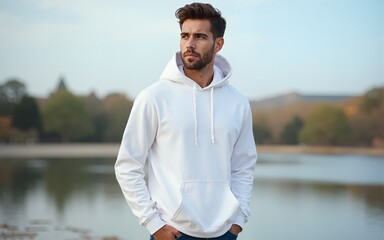 Modern mockup of a blank white hoodie worn by a handsome young man against a scenic background, perfect for showcasing apparel designs and e-commerce concepts. Photo. High quality