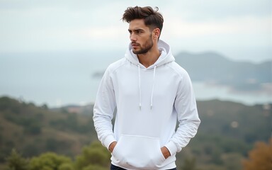 Modern mockup of a blank white hoodie worn by a handsome young man against a scenic background, perfect for showcasing apparel designs and e-commerce concepts. Photo. High quality