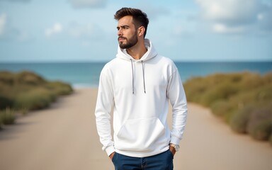 Modern mockup of a blank white hoodie worn by a handsome young man against a scenic background, perfect for showcasing apparel designs and e-commerce concepts. Photo. High quality