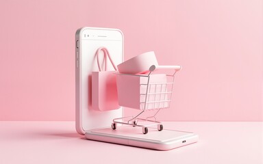 the concept of online women shopping clothes on social media app. 3d Smartphone screen with shopping bag, chat message, shopping cart on pink pastel color 3d rendering. High quality