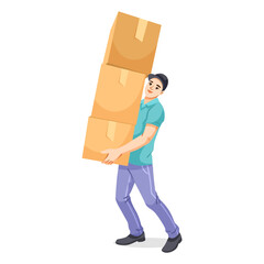 A man in casual clothing holding three large cardboard boxes, cartoon style on white background. Concept of delivery, logistics, shipping. Vector illustration