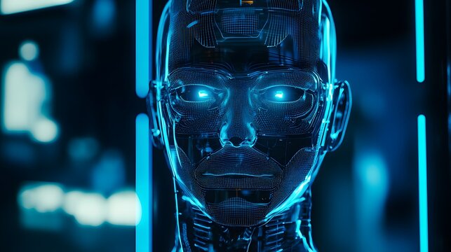 Futuristic humanoid robot face digital glow high resolution picture