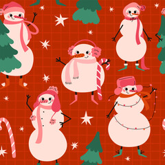 Cheerful pink Christmas snowmen with a Christmas tree, candy cane and stars. Seamless pattern. Holiday season. Vector illustration on a red checkered background.