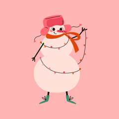 Cheerful pink Christmas snowman in warm hat and boots with a colorful garland. Holiday season. Vector illustration.
