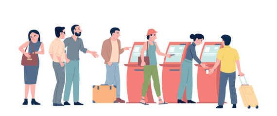 Crowd to payment terminals. People buy tickets, pay to bills. E-tickets for public transport, train, subway, bus. Men women in waiting line, vector scene