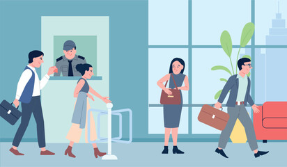 Fototapeta premium Employees heading to office for work. Workers go through security, terminal and security, show entry documents. Corporate morning, vector scene