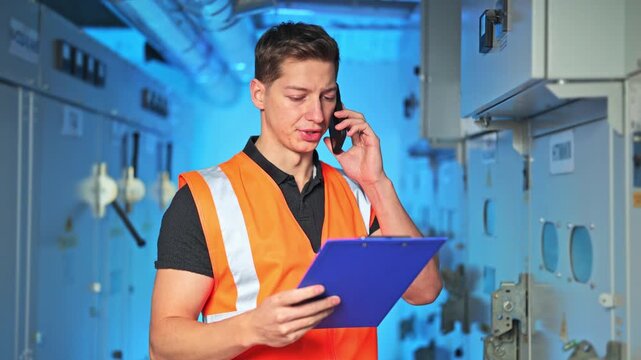 Engineer in safety vest talks on phone while examining clipboard. Worker appears serious and focused, managing operational tasks in industrial electrical environment.