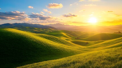 Fototapeta premium Golden sunlight over rolling green hills high resolution picture