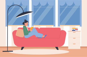 Girl reading book on sofa in living room. Study, rest in weekend or on evening. Reading female character. Hobby time, day at home vector scene