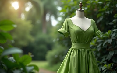 Eco Friendly Fashion, Green Mockup Dress on a Mannequin Amidst Lush Greenery. High quality
