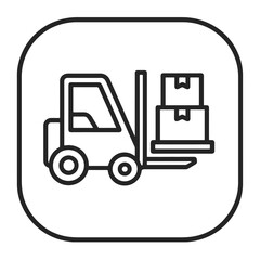 Minimalist forklift-and-boxes outline in curved-square marker, black vector for distribution platforms, warehouse tools, and freight movement systems.
