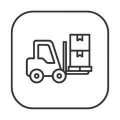 Thin line forklift with pallet icon inside rounded-square pin, black vector representing warehouse operations, inventory handling, and supply chain logistics.