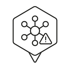 Thin line neural network with warning triangle icon inside hexagon pin, black vector representing AI ethical dilemmas and responsible technology risks.