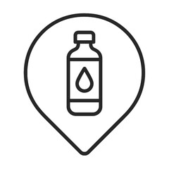 Thin line reusable water bottle icon inside circle pin, black vector representing hydration, drinking water, and sustainable water use.