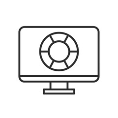 Thin line monitor with lifebuoy icon, black vector symbol representing online assistance, remote IT help, and tech support.