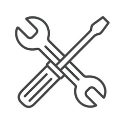 Minimalist crossed tools outline, black vector for tech support platforms, hardware fixes, and troubleshooting services.