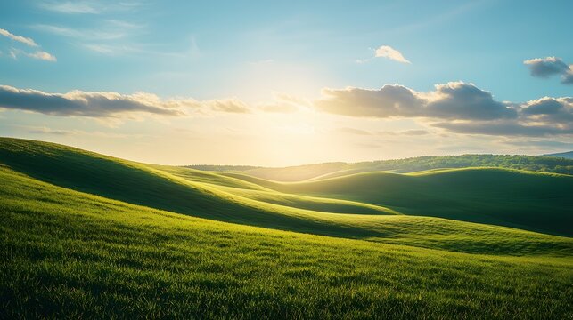 Peaceful sunrise illuminating bright grassy landscapes high resolution picture