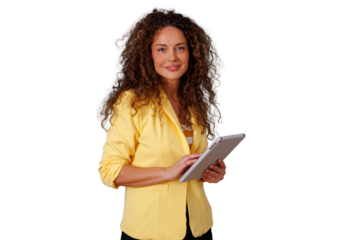 Professional businesswoman with curly hair holding digital tablet, smiling and looking at camera for technology or business concept