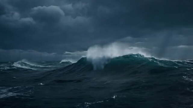 Epic ocean storm footage showing huge waves crashing under a dramatic dark stormy sky and striking lightning