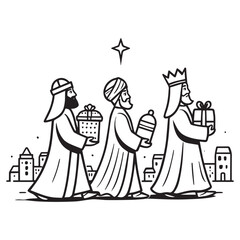 Three wise men carrying gifts under star christmas nativity
