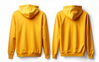 Front and back view of mustard yellow hoodie apparel. Unisex garment with long sleeves lies on plain white surface. Perfect for apparel shop online store catalog or mockup. Fashionable clothing.
