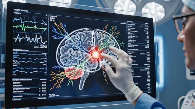 medical tech display, advanced surgical visualization tools, modern operating room with interactive neural imaging, surgeon examines dynamic brain map with realtime diagnostics displayed