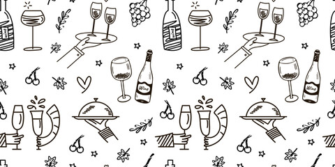 Monochrome seamless pattern of wine glasses, bottles, grapes, trays, and culinary doodles in a simple hand drawn style. Perfect for restaurant branding, menu backgrounds, wine bar decor, packaging.