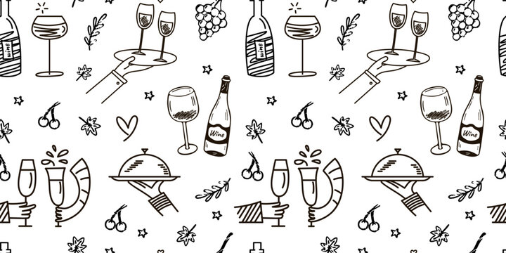 Monochrome seamless pattern of wine glasses, bottles, grapes, trays, and culinary doodles in a simple hand drawn style. Perfect for restaurant branding, menu backgrounds, wine bar decor, packaging.
