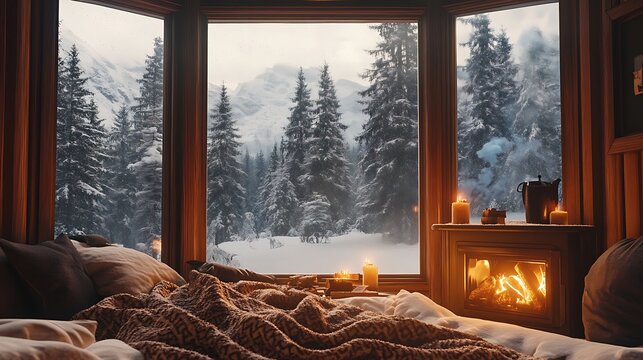 Cozy cabin window view with fireplace and snowy forest