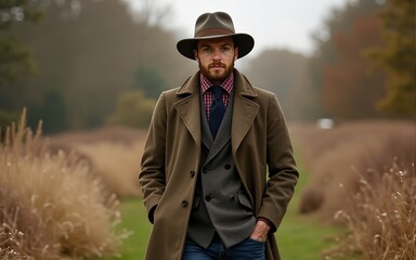 Menswear autumn winter clothing and tweed accessory collection in the English countryside, man fashion style, classic gentleman look inspiration. High quality