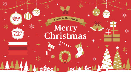 Festive merry christmas illustration with decorative elements like trees gifts ornaments and snowflakes on red background