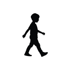 A silhouette of a young child walking with arms slightly outstretched on a white background in studio shot